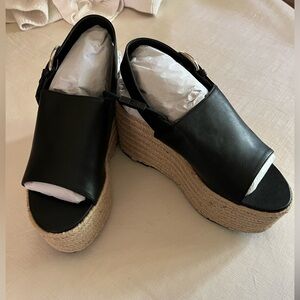 Zara Women’s Black Platform Rattan Sling Back Sandal Wedges Heels NWT